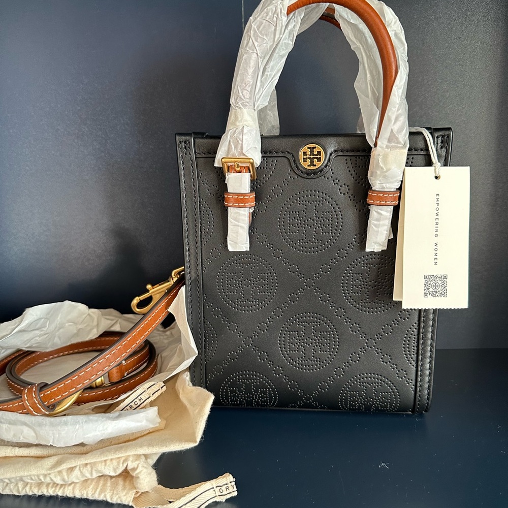 Tory Burch Black Pebbled Leather Mini North/South Tote